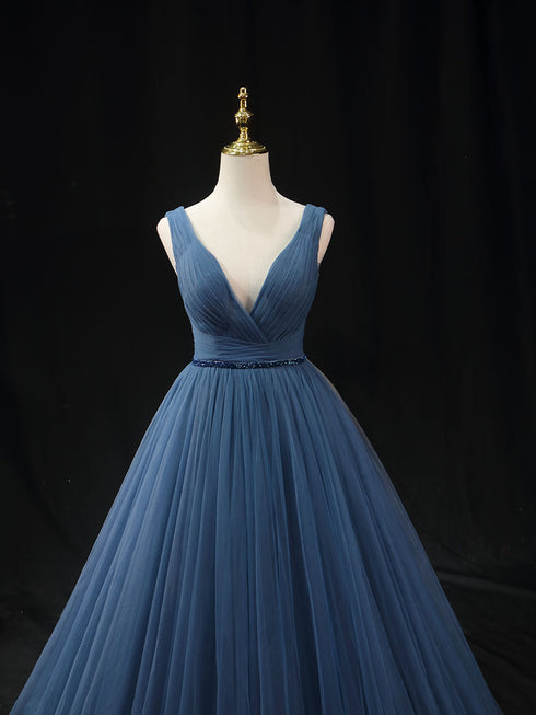 Royal Blue Tulle Ball Gown Wedding Dress - V-Neck Evening Dress - Sleeveless Corset Back Wedding Dress Plus Size